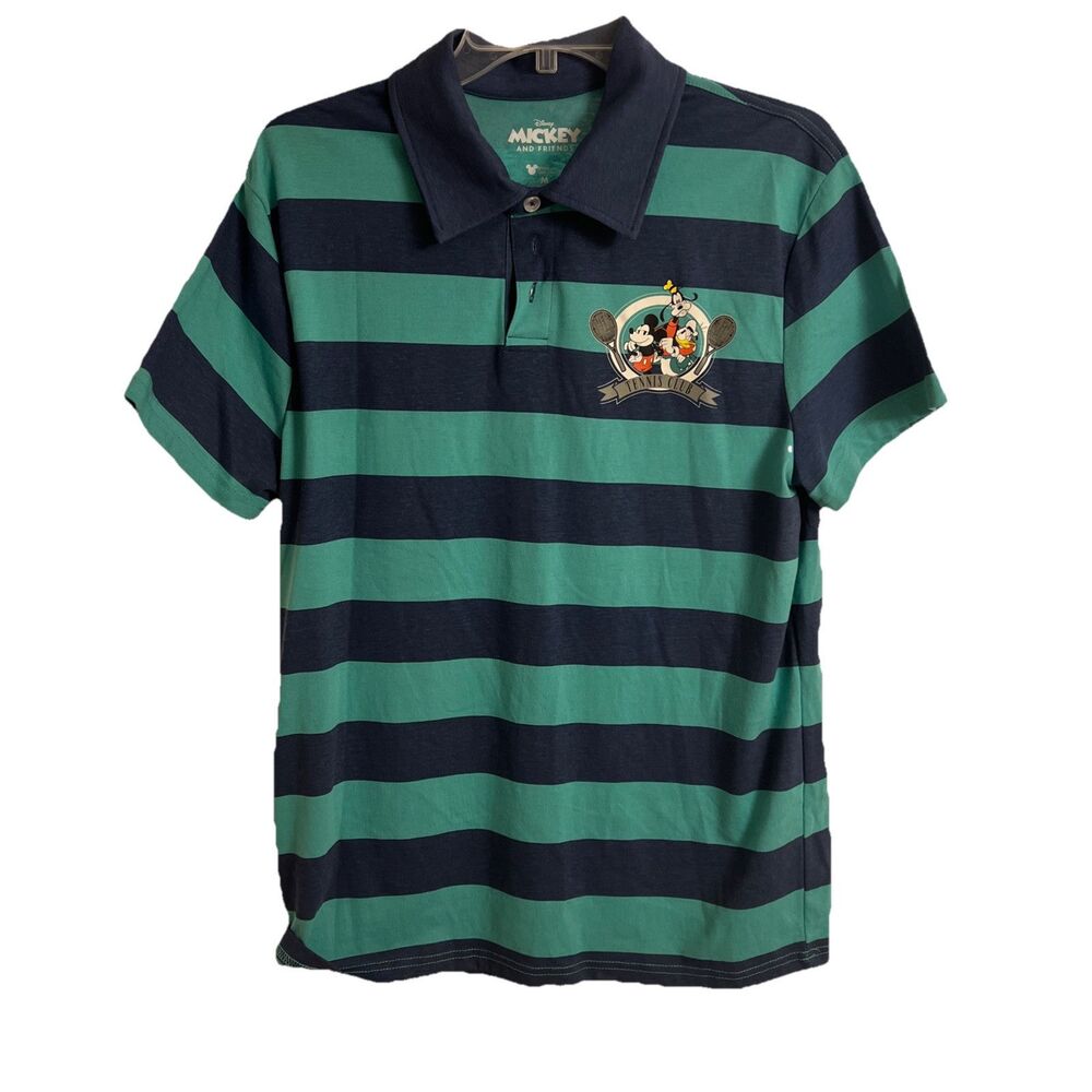Disney Mickey and Friends Tennis Club Striped Polo Shirt Mens Medium Navy Teal
